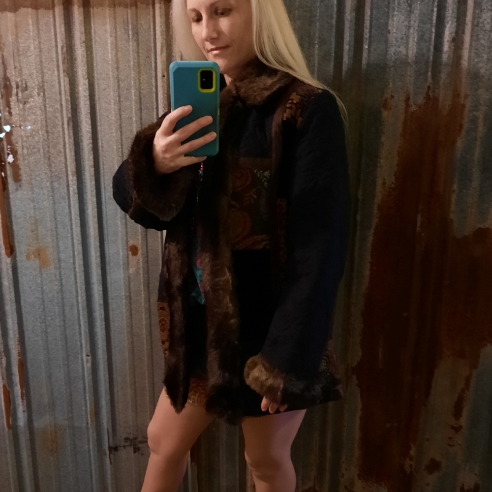 VINTAGE Faux Fur Unique Colorful Quilted Winter Coat - Picture 6 of 13